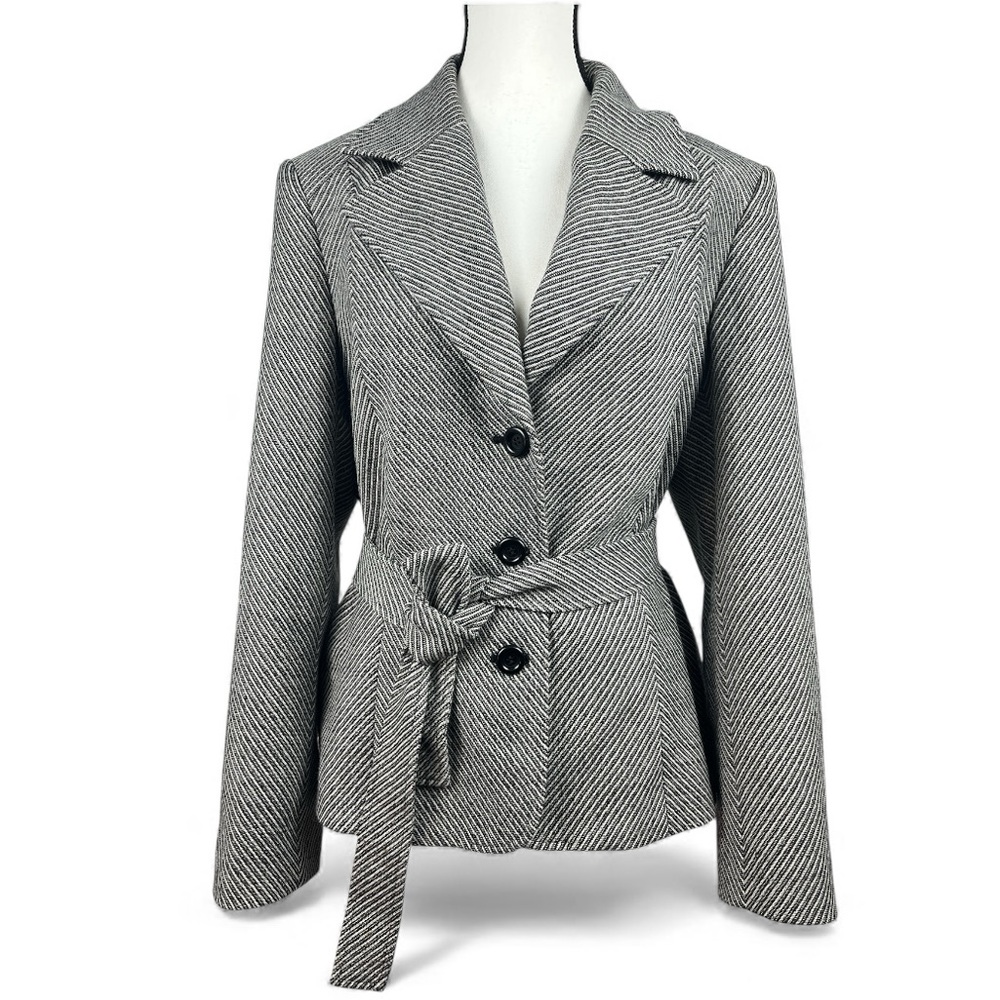 Talbots 100% Wool Black & White Herringbone Belted Blazer | 12 | Fall/Winter
